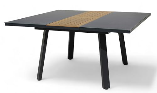 ALEOS. Aluminium Glas Teakholz Gartentisch Ausziehtisch 110 auf 150 cm ausziehbar x 150 cm Tisch Esstisch Glastisch Aluminiumtisch TRINIDAD mit Ausziehfunktion quadratisch