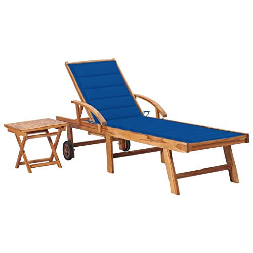 FIRBNUS Sonnenliege mit Tisch und Auflage Teak Gartenliege Holz Gartenmöbel Sonnenliege mit Auflage Gartenliege mit Auflage Sonnenliege Holz Gartenstuhl mit Tisch Königsblau Verstellbar