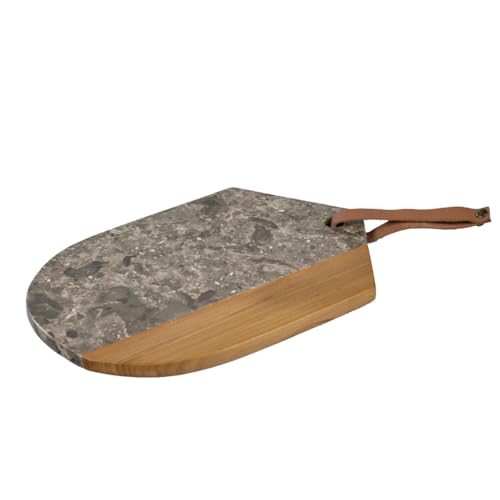 Meubletmoi Thena Schneidebrett, oval, 28 cm, aus grauem Marmor und Teakholz, raffiniert und robust