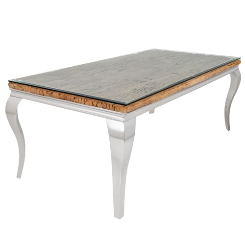 Riess Ambiente Design Esstisch MODERN BAROCK - 200cm - Natur Chrom - Teakholz mit Edelstahl Beinen und Glasplatte