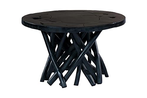 Qiyano Beistelltisch Massivholz Unikat Balkontisch Wohnzimmer Couchtisch Teakholz Treibholz-Look Retro Design Tisch rund groß, Ø ca. 60 cm, Höhe: 40 cm, Farbe: Schwarz