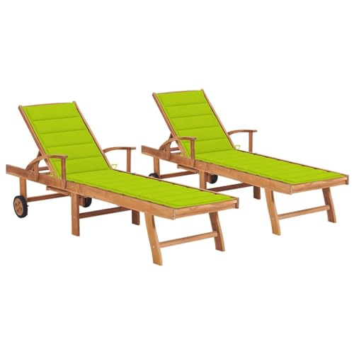 Homgoday Sonnenliegen, Sonnenliegen 2 Stück mit hellgrünem Kissen aus Teak, Sofa Bett Möbel, Gartenliegen, Pool-Liegen, Sonnenliege für den Garten