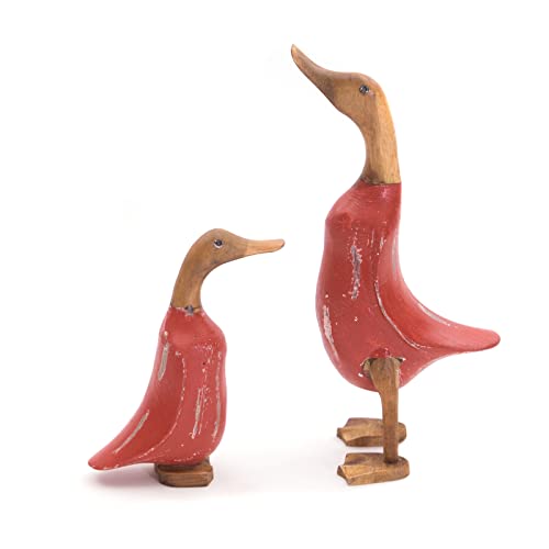 DESIGN DELIGHTS Enten HOLZFIGUREN Set Duck | Mahagoni, Teakholz, 33x20, bunt, 2-teilig | Deko Ente, Enten Skulptur, Holzskulptur, farbige Teak Dekofigur, Tierfigur | Farbe: rot