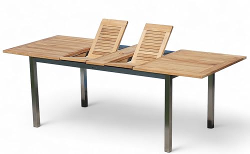 ALEOS. A-Grade Teak - Edelstahl Ausziehtisch 160-220x90cm ausziehbar Gartentisch Holztisch Esstisch Tisch Massive Ausführung Teakholz Serie Kuba