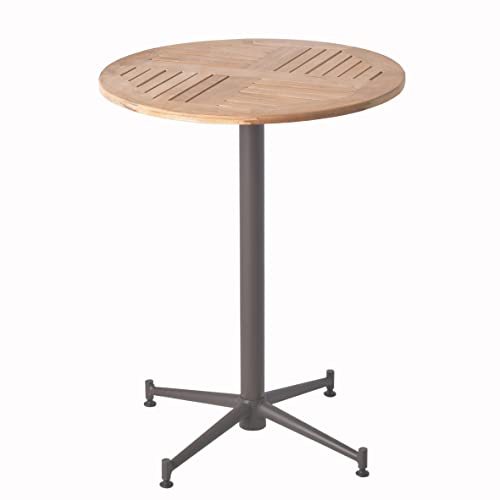 GWAREZ Patio runder Esstisch aus Teakholz, 60 cm, mit Stahlsockel, wetterfester Bistrotisch für Garten, Hinterhof und Veranda, Braun