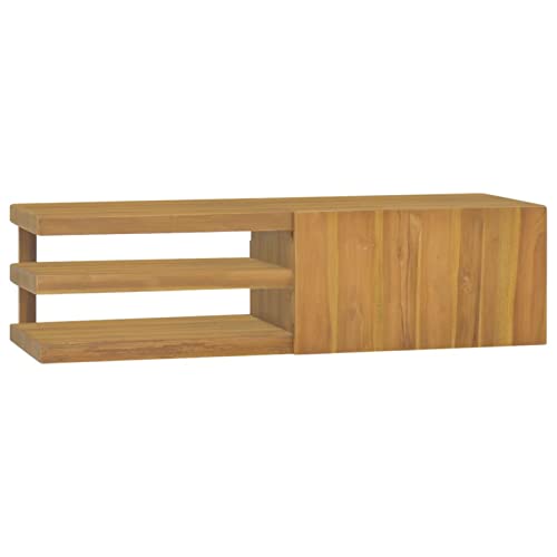 Homgoday Schwebendes Wandregal mit Schubladen, Wandregal mit Schrank, Badezimmerschrank aus massivem Teakholz, 110 x 40 x 30 cm