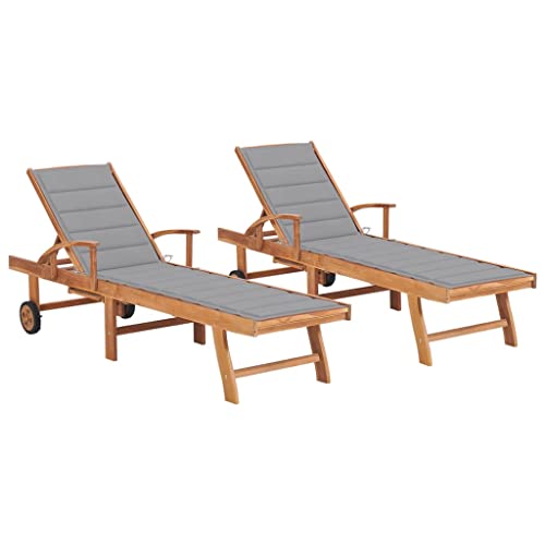 vidaXL 2X Teak Massiv Sonnenliege mit Grauen Auflagen Gartenliege Liege Gartenmöbel Relaxliege Strandliege Holzliege Liegestuhl Freizeitliege