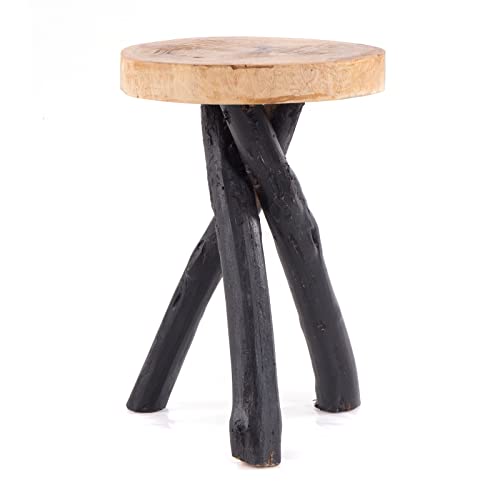 DESIGN DELIGHTS Rustikaler HOLZTISCH Teak 40 mit Gestell aus Holz Stämmen | 41x34cm (HxØ), Teakholz | rustikaler Beistelltisch, Fußhocker, Telefontisch, Pflanzenhocker | Farbe: 04 schwarz-Natur