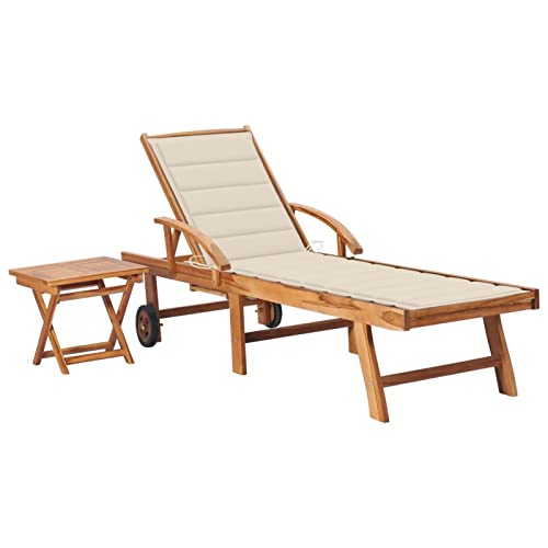 CIADAZ Sonnenliege mit Tisch und Auflage, Gartenliege, Liegestuhl, Sonnenstuhl, Sonneninsel Outdoor, Liegen, Gartenmöbel, Bäderliege, Relaxliege, Terrasse,Massivholz Teak