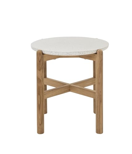 Dehner Beistelltisch Portofino, Ø 45.5 cm, Höhe 47.8 cm, FSC® zertifiziertes Teakholz/Tischplatte aus Terrazzo, weiß/Hellbraun