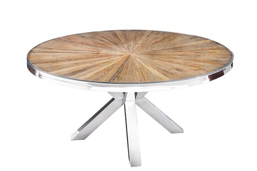 Riess Ambiente Runder Esstisch Barracuda 120cm braun Teak Massivholz Glasplatte Silber Edelstahl verchromt Esszimmertisch Küchentisch