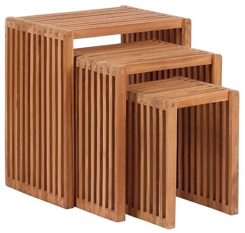 MR. DEKO® Beistelltisch 3er-Set Teakholz | Tisch eckig in 3 Größen bis max. 45x32x50 cm (BxTxH) stapelbar | Outdoormöbel-Teak für Balkon, Terrasse, Wintergarten, Garten