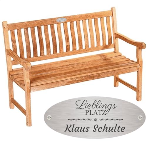 Sterngraf Rentnerbank mit Gravur-Schild zB. Bank Lieblingsplatz (Namen), Teakholz Gartenbank Mendip 130cm, Edelstahlschild personalisiert, Geschenk zum Ruhestand