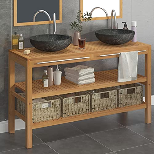 Homgoday Badezimmer-Schrank aus Teakholz mit Waschbecken aus schwarzem Marmor, Möbelschrank, Büromöbel, Aufbewahrungsschrank, platzsparend, STYLE3058182