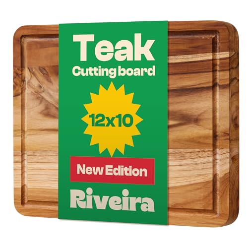 Riveira Teakholz Schneidebrett - Gourmet Teak Grandeur:12x10 Holz Schneidebrett - Natur Holz Schneidebretter für Küche Deko - Innovative Saftrillen Teak Holz Schneidebrett