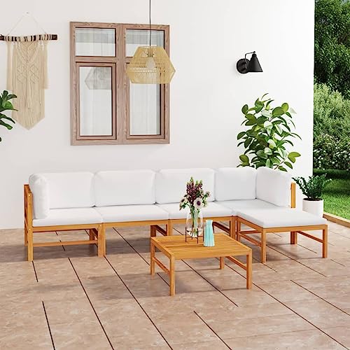 KATERYY 6-TLG. Garten-Lounge-Set mit Creme Kissen Massivholz Teak,Komfortables GartenLoungeSet aus Teakholz Entspannen auf Ecksofa, Mittelsofa und Hocker