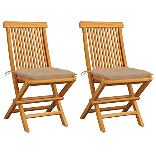 LAPOOH Gartenstühle mit Beigen Kissen, Hochlehner, Campingstühle, Lehnstühle, Wetterfest Stuhl, Garden Chair, 2 STK. Massivholz Teak