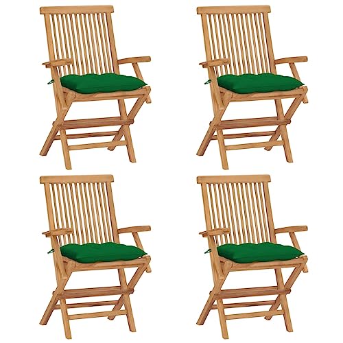 UTSRABFA Stühle für draußen Terrassenstuhl Gartenstühle Esszimmerstühle Gartenstühle mit Grünen Kissen 4 STK. Massivholz Teak Geeignet für Garten, Rasen, Strand, Terrasse