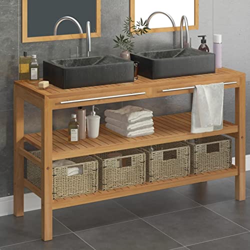 Homgoday Badezimmer-Schrank aus Teakholz mit Waschbecken aus schwarzem Marmor, Möbelschrank, Büromöbel, Aufbewahrungsschrank, platzsparend, STYLE3058180