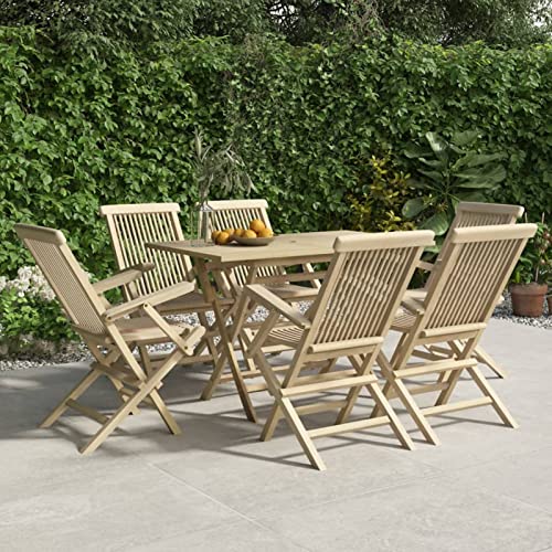 Homgoday Gartenmöbel-Set, 7-teilig, massives Teakholz, Grau, Stuhl, Sessel, Tisch, Küche, Outdoor, Terrasse, Hof, Balkon, Möbel