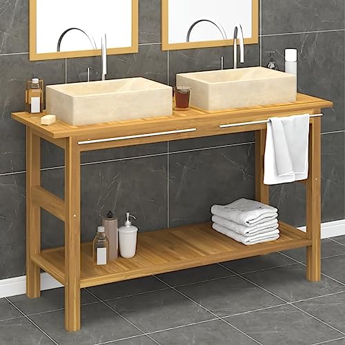 Homgoday Waschtisch für Badezimmer und Waschbecken, Marmor, Creme, Massivholz, Teakholz, Sideboard, Schrank, Bodenschrank für Badezimmer, Stauraum, Regale, Schrank für Schlafzimmer Büro