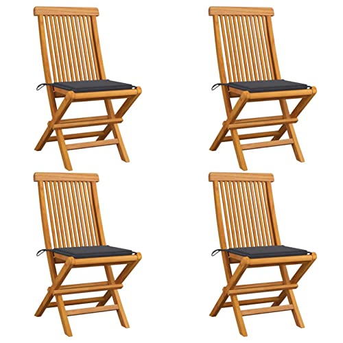 ShGaxin Gartenstühle mit Anthrazit Kissen, Hochlehner, Campingstühle, Lehnstühle, Wetterfest Stuhl, Garden Chair, 4 STK. Massivholz Teak