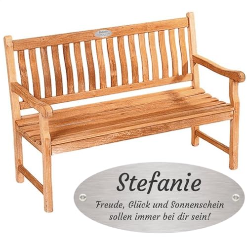 Sterngraf Geburtstagsbank mit Gravur-Schild zB. Wunschtext (Name/Spruch), Teakholz Gartenbank Mendip 130cm, Edelstahlschild personalisiert, Bank Geschenk zum Jubiläum