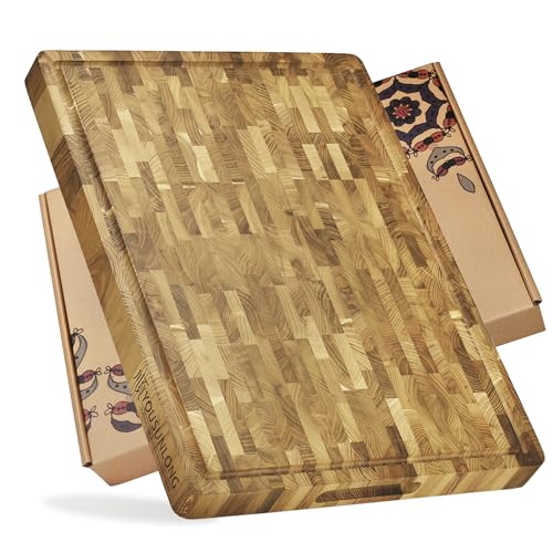 YOUSUNLONG Schneidebrett - XXL Großes End-Grain Teakholz Fleischer-Block - 61L x 45,7B x 3,8D cm - Schneidebrett für die Küche mit Saftrillengriffen - Käsebrett & Kochfeldbrett