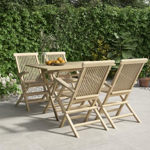 WEMYUFURN 5-TLG. Garten-Essgruppe Grau Massivholz Teak, Outdoor-Sitzgruppe, Terrassen-Lounge-Set, Garten-Couchgarnitur - Wetterbeständig, Komfortabel - für Terrasse, Garten und Balkon