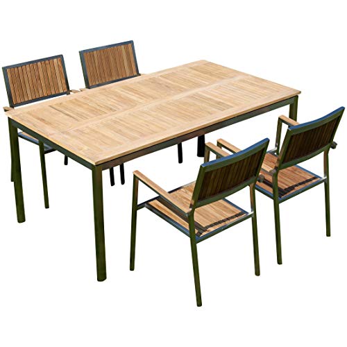 ASS Gartengarnitur Edelstahl Teak Set: Tisch 160x90 cm + 4 Teak Sessel A-Grade Teak Holz Serie KUBA Gastroqualität