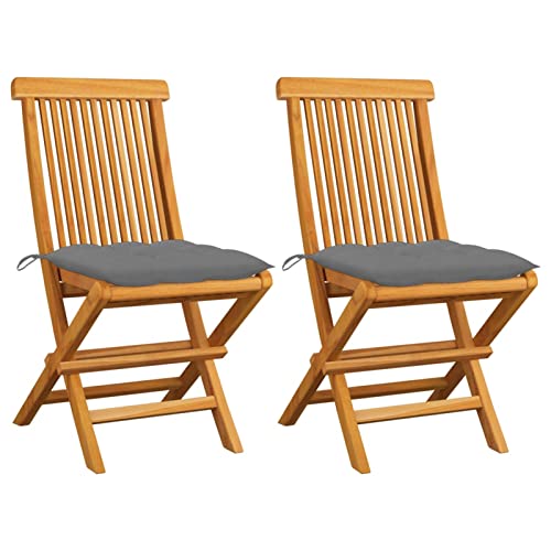 LAPOOH Gartenstühle mit Grauen Kissen, Hochlehner, Campingstühle, Lehnstühle, Wetterfest Stuhl, Garden Chair, 2 STK. Massivholz Teak