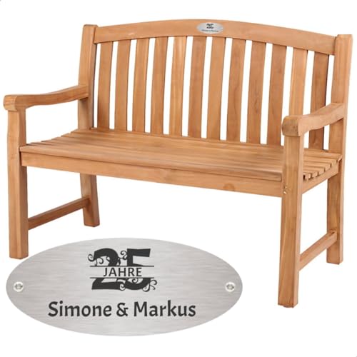 Sterngraf Silberhochzeit Bank mit Gravur-Schild zB. Zahl (Namen), Teakholz Gartenbank Woodie 120cm, Edelstahlschild personalisiert Geschenk-Idee zum 25. Hochzeitstag