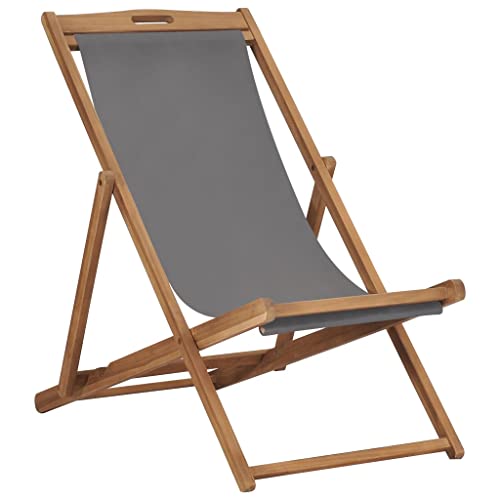 homiuse 56x105x96 cm Strandstuhl Klappbar Massivholz Teak Grau Liegestuhl Klappbar Klappstuhl Holz Klappsessel Klappliege Gartenliege Holz Loungesessel Outdoor für Garten Strand Bequem & Langlebig