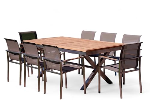 ALEOS. Gartengarnitur Edelstahl Teak Set: Ausziehtisch 200-260x100 cm + 8 stapelbare Sessel Edelstahl Teak Gewebe taupe braun Sitzgruppe A-Grade Teak Holz - Gartenmöbel Set 8 Personen Gastro Qualität