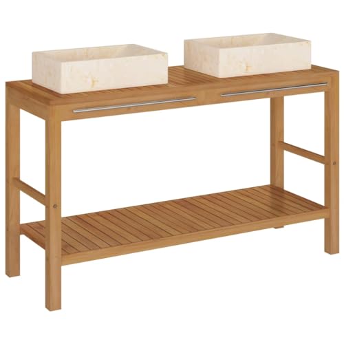 vidaXL Teak Massiv Waschtisch mit Waschbecken Badmöbel Waschschale Aufsatzwaschbecken Unterschrank Waschbeckenunterschrank Badschrank Marmor Creme