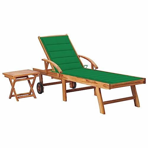 Homgoday Sonnenliege mit Tisch und Kissen aus massivem Teakholz, Sonnenliegen, Schlafsofa, Gartenliegen, Pool-Liege, Sonnenliege für den Garten, grün