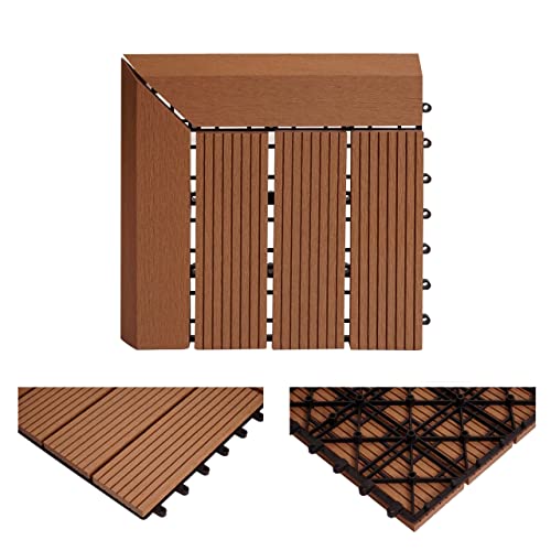 WPC Eck-Bodenfliese Rhone + Abschluss, Holzoptik Terrasse, 30x30cm Premium - Ecke links, teak linear