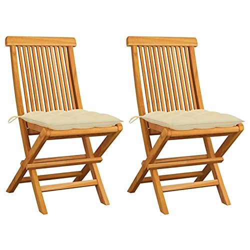 LAPOOH Gartenstühle mit Cremeweißen Kissen, Hochlehner, Campingstühle, Lehnstühle, Wetterfest Stuhl, Garden Chair, 2 STK. Massivholz Teak