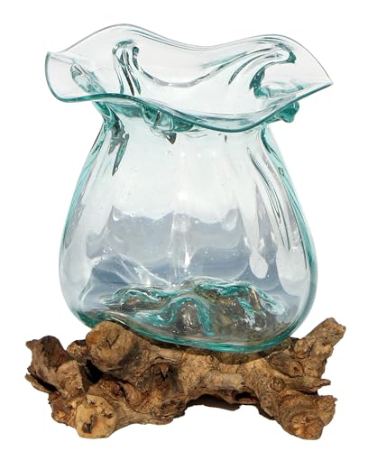 Geschenk Idee Dekoration Wohnung Gamal Wurzel Holz Glas Vase Teakholz Handarbeit Vase (Pott Lgl)