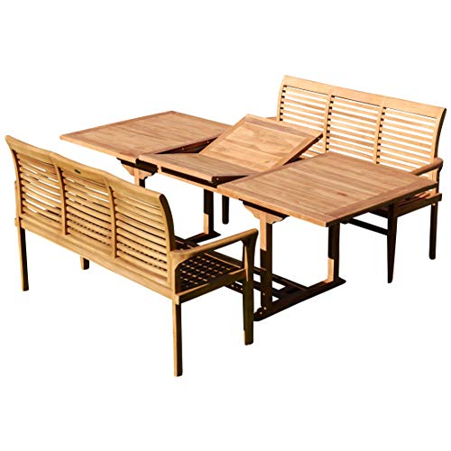 ALEOS. Teak Set: Gartengarnitur SABA Ausziehtisch 150-210 cm x 90 cm + 2 Bänke 150cm Holz Serie JAV