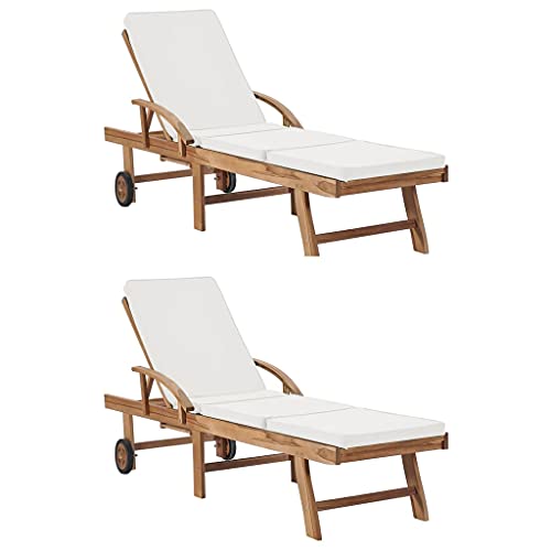 Gecheer Sonnenliege Gartenliege Relaxliege Freizeitliege Gartenmöbel Liege Holzliege Strandliege Saunaliege Liegestuhln mit Auflagen 2 Stk. Massivholz Teak Creme