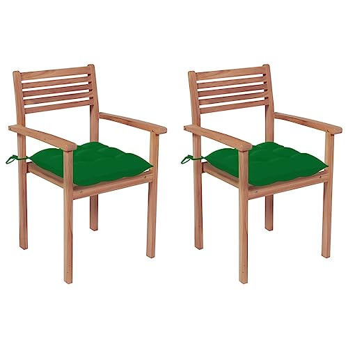 QJBSAVVA Gartenstühle, Sessel fußhocker armlehnstuhl stühle Geeignet für Schlafzimmer Esszimmer küche Wohnzimmer 2 STK. mit Grünen Kissen Massivholz Teak