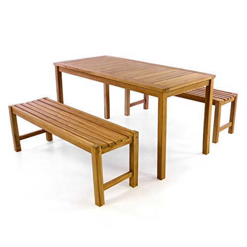 Divero Garten- & Picknick-Set Sitzgruppe Gartenmöbel-Garnitur 3-teilig 1 Tisch 2 Bänke behandelte unbehandelte Oberfläche Teak-Holz massiv 150 135 cm wählbar (150 cm, braun)