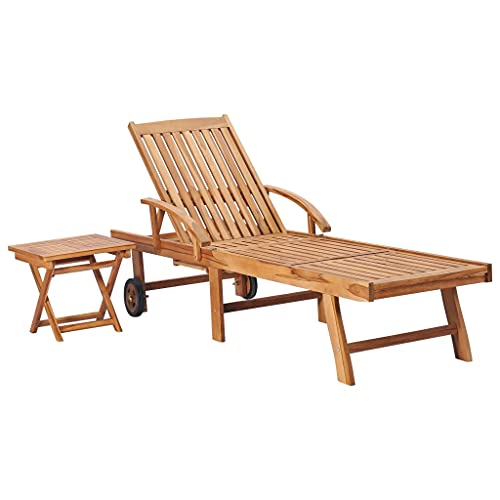 Sonnenliege mit Tisch und Auflage Massivholz Teak,3063026