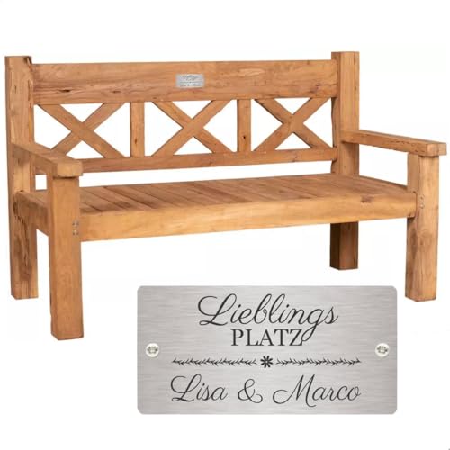 Sterngraf Hochzeitsbank mit Gravur-Schild zB. Lieblingsplatz (Namen) Teakholz Gartenbank Rustique 160 cm, Edelstahlschild personalisiert, Geschenk zur Hochzeit/Vermählung