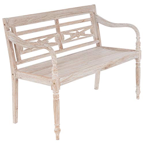 Nexos Trading Divero Gartenbank Sitzbank Parkbank 2-Sitzer aus Teak-Holz White Washed Shabby Chic massiv Handarbeit mit Schnitzereien für Terrasse Garten Balkon 120 cm (White Wash)