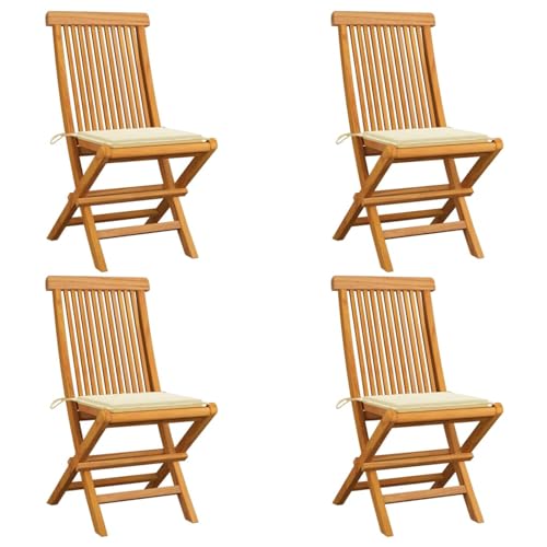 ShGaxin Gartenstühle mit Cremeweißen Kissen, Hochlehner, Campingstühle, Lehnstühle, Wetterfest Stuhl, Garden Chair, 4 STK. Teak Massivholz