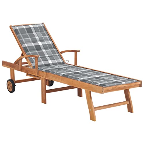 CIADAZ Sonnenliege mit Auflage, Liegestuhl, Gartenliege, Relaxliege, Balkonliege, Liegen, Sun Lounger, Freizeitliege, Sommer Liegen, Gartenmöbel, Graues Karomuster Massivholz Teak