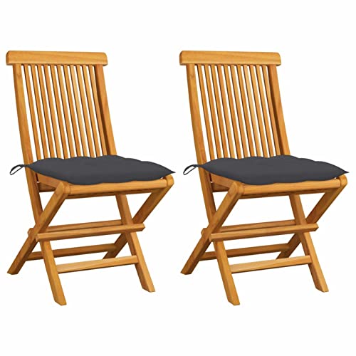 ZEYUAN Gartenstühle mit Anthrazit Kissen, Hochlehner, Wetterfest Stuhl, Campingstühle, Lehnstühle, Garden Chair, 2 STK. Massivholz Teak