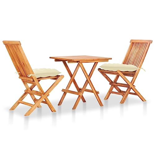 THOYTOUI 3-TLG. Bistro-Set mit Cremeweißen Kissen Massivholz Teak, Outdoor Furniture Gartenlounge Outdoor Lounge möbel Outdoor Outsunny gartenmöbel Geeignet für Terrasse Veranda Balkon Garten